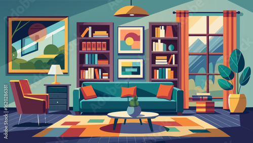 Vector art of inviting living room interior showcasing a teal sofa, plush armchairs, tall bookshelves, and colorful artwork, creating a warm and stylish home environment with natural light