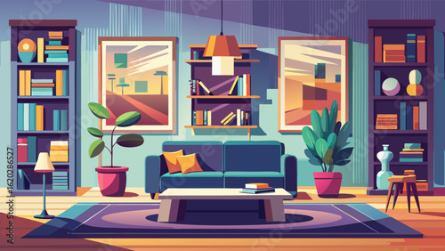 Vector art of cozy modern living room interior with blue sofa, coffee table, bookshelves, plants, and artwork, creating a comfortable and stylish home decor
