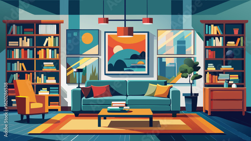 Vector art of an elegant living room showcasing a blue sofa, orange armchair, and multiple artworks on the wall, complemented by bookshelves and a coffee table for a sophisticated feel