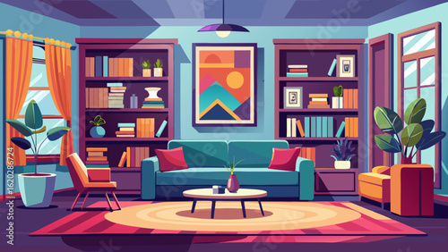 Vector art of stylish modern living room interior featuring a comfortable sofa, accent chairs, and ample bookshelves, perfect for home decor