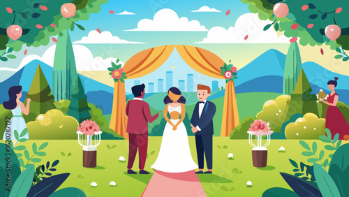 Vector art of a joyous wedding ceremony unfolds outdoors with a bride and groom at the altar, framed by trees and a distant cityscape, celebrating their union