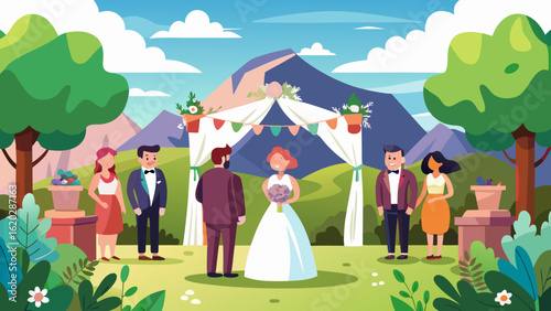 Vector art of wedding ceremony in a garden setting with a bride and groom, officiant, and guests, against a backdrop of mountains and trees