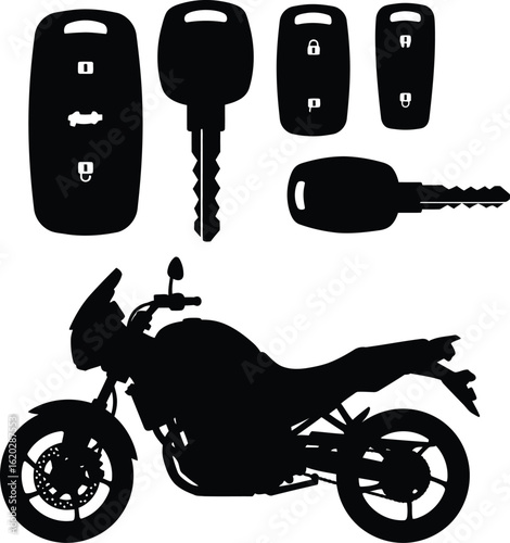 Black Silhouette Motorcycle & Keys Set: Dynamic Icons of Modern Motorbike and Remote Car Keys for Transportation, Security, and Vehicle Technology Concepts.