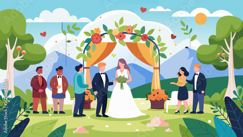 Vector art of an idyllic outdoor wedding ceremony unfolds with a bride and groom at the altar, guests observing, and a backdrop of lush greenery and mountains