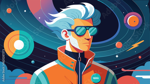 Retro futuristic space explorer with cool sunglasses and a vibrant orange jacket amidst cosmic wonders. ideal for use in synthwave-inspired designs, pop culture merchandise, album covers, poster art