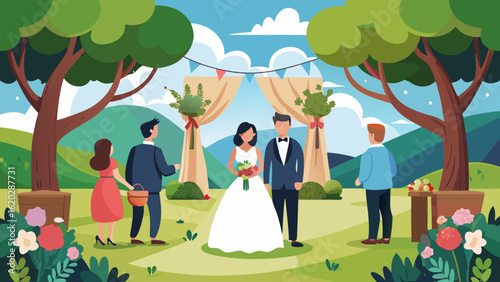 Vector art of wedding ceremony in a park with bride, groom, officiant, and guests standing near trees and a decorated arch, celebrating love and commitment