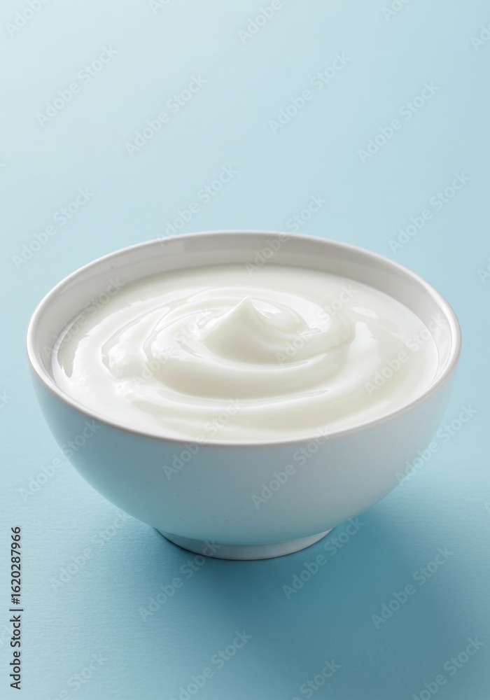 Swirled White Yogurt in a Bowl on a Light Blue Background Swirled White Yogurt in a Bowl on a Light Blue Background
