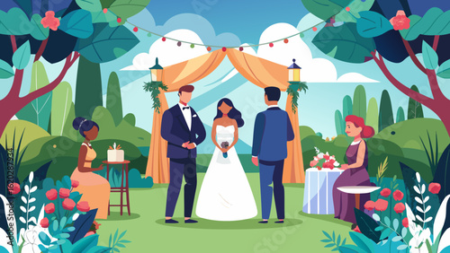 Vector art of an outdoor wedding ceremony unfolds with a bride and groom at the center, guests and officiant present in a natural setting