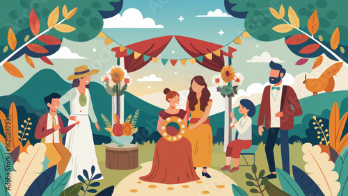 Vector art of a diverse group of people attend an outdoor wedding, celebrating the union of a couple under a decorated arch