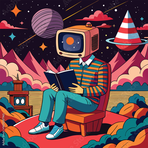 Surreal cosmic scene of a person with a vintage television for a head engrossed in reading a book amidst a vibrant alien landscape with planets and stars. Perfect for use in conceptual and sci-fi 
