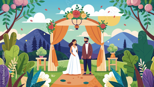 Vector art of a bride and groom exchange vows under a floral adorned wedding arch, set against a backdrop of majestic mountains and lush greenery, symbolizing their union