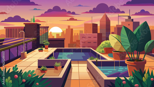 Vector art of rooftop with swimming pool and lush plants overlooking a city skyline at sunset, urban oasis with modern buildings and vibrant sky