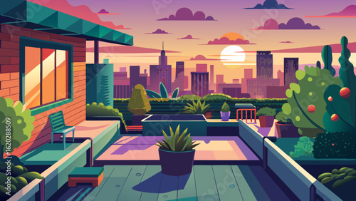 Vector art of artistic illustration of a city rooftop oasis at dusk, featuring a seating area, plants, and a captivating sunset over the skyline