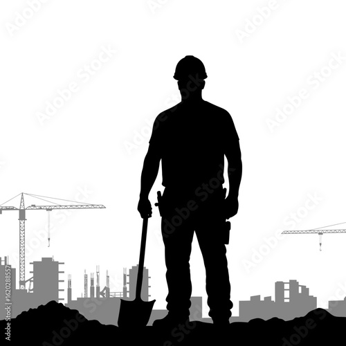 Silhouette of a construction worker holding a shovel, standing on a construction site with cranes and buildings in the background, representing labor and industry.