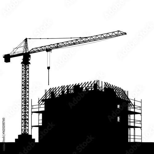 A stark black silhouette of a building under construction with a towering crane against a clean white background, symbolizing development.