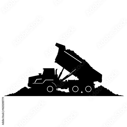 Silhouette of a dump truck unloading soil, symbolizing construction, industrial work, and the movement of materials in a simple, graphic representation.