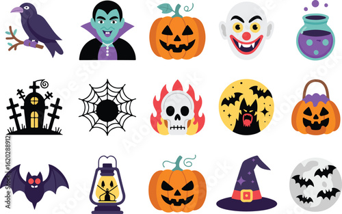 Halloween icons and symbols for seasonal decorations