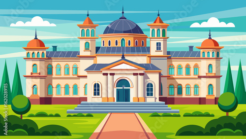 Vector art of a grand, classic mansion with a central dome, flanked by towers, set amidst a manicured lawn and trees under a bright, cloudy sky