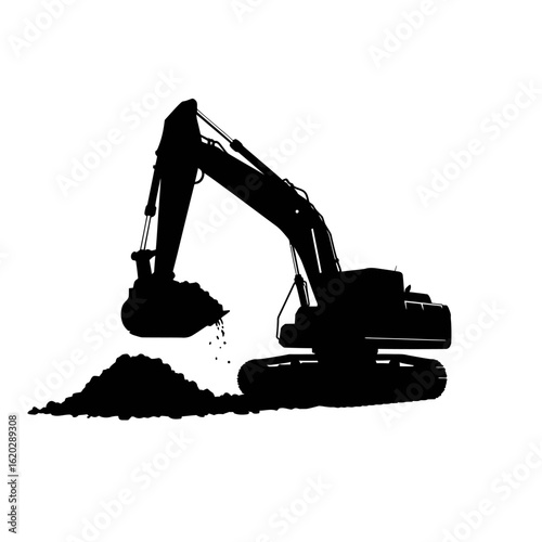 Silhouette of an excavator in action, scooping and depositing soil, creating a stark contrast against the white background, emphasizing construction and earthmoving.