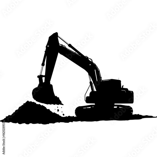 Silhouette of a powerful excavator digging into a pile of dirt, representing construction, heavy machinery, and industrial strength on a clean white backdrop.