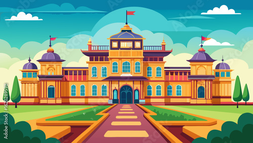 Vector art of a majestic yellow palace with purple domes and flags, featuring a grand entrance with a long pathway and manicured gardens under a blue sky with clouds