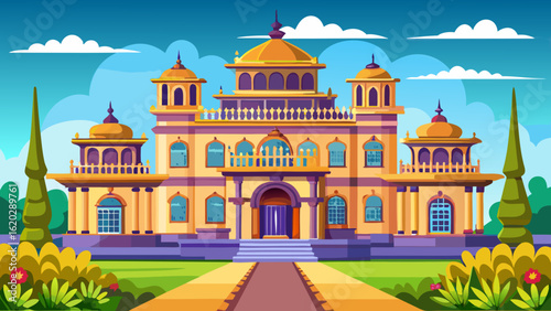 Vector art of a stunning yellow and purple palace with multiple towers and intricate details, featuring a prominent entrance and pathway amidst lush greenery and a cloudy sky
