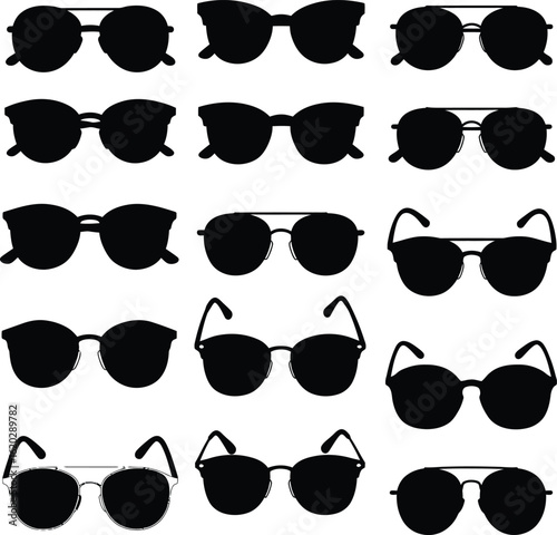 Diverse Black Sunglasses Silhouette Vector Set: Collection of Fashionable Eyewear Styles Including Aviator and Round Frames for Summer and Accessory Design.