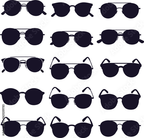 Black silhouette vector collection of various sunglasses styles, including aviators and classic frames, a set of fashionable eyewear icons for summer, fashion, and lifestyle designs.