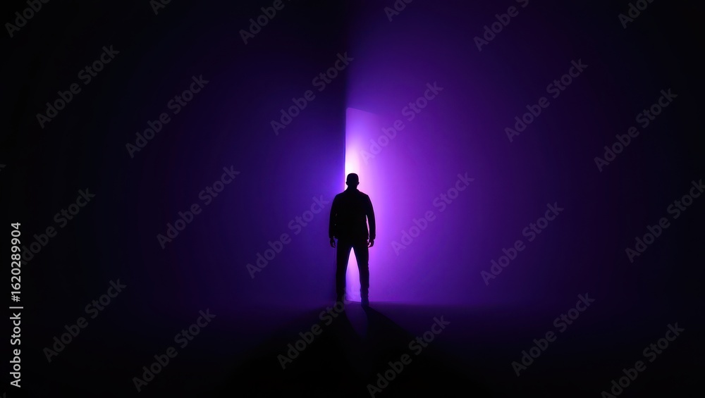 Obraz premium Silhouette of a man standing in front of a bright purple light beam