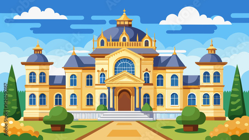 Vector art of a grand yellow mansion with a blue dome, classical architecture, manicured gardens, and a clear blue sky with fluffy clouds, representing luxury and estate living