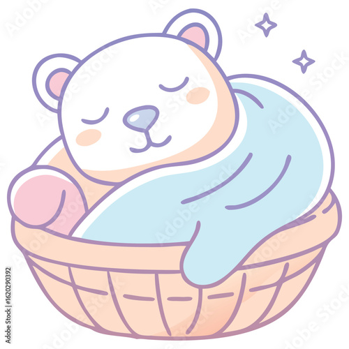 Adorable Cartoon Polar Bear Sleeping Peacefully in a Wicker Basket