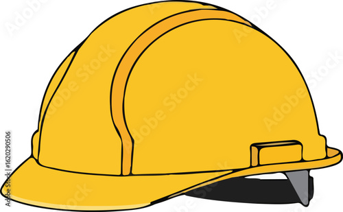 A yellow construction helmet with a gray chin strap shown