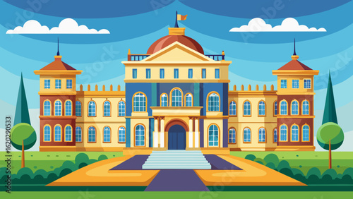 Vector art of grand classical building with a prominent central entrance, flanked by symmetrical wings and towers, set against a vibrant blue sky with fluffy clouds and lush green landscape