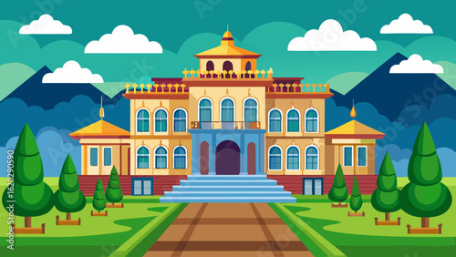 Vector art of majestic classical building with a grand entrance and symmetrical wings, set against a backdrop of rolling mountains under a blue sky with scattered clouds and green trees