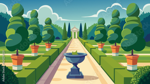 Vector art of a serene garden scene with a straight pathway, flanked by lush green hedges and various shapes of topiary trees, leading towards classical architecture