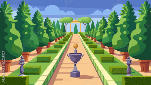 Vector art of an elegant garden pathway with perfectly manicured hedges and rows of conical topiary trees, featuring a central fountain and a distant gazebo