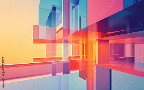 Abstract colorful background with a 3D render of a modern building's interior, featuring an empty, light-filled hall and a unique architectural design