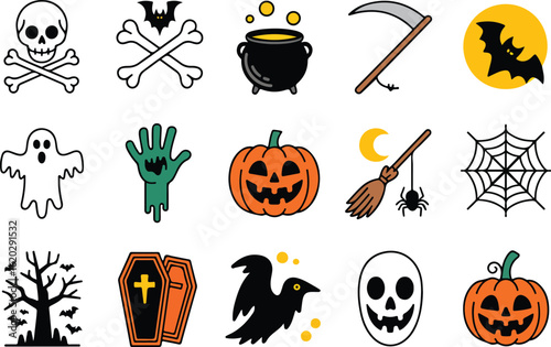 Halloween icons set in cute vector style