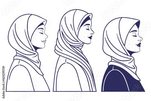 Modern Muslim Woman Wearing Hijab Portrait Drawing