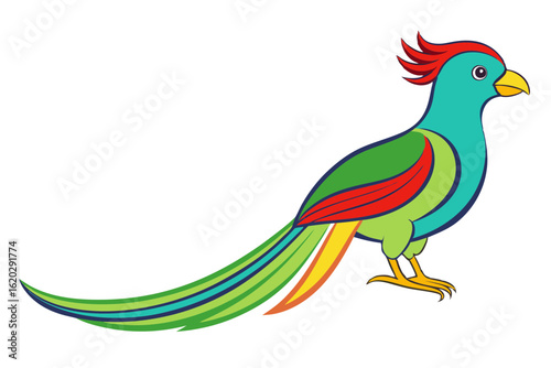 Vivid Green Quetzal Tropical Bird Illustration on White