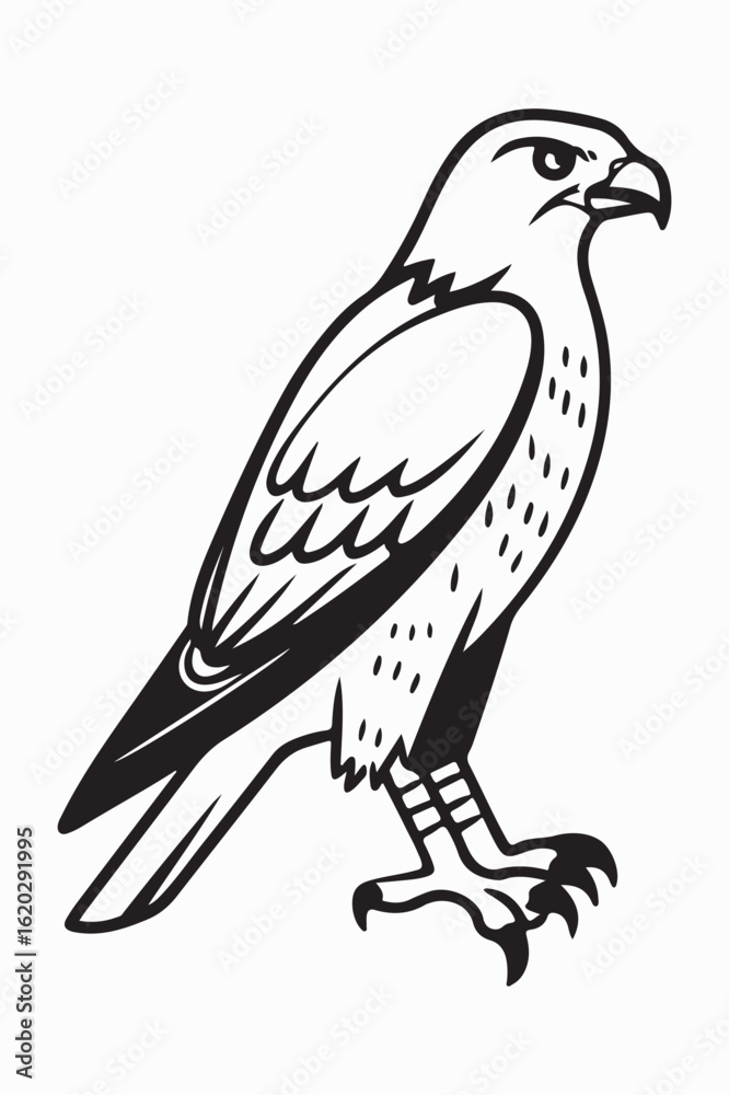 Obraz premium Detailed illustration of a majestic hawk perched and looking to the side featuring-a-variety-of-vehicle-machinery--each-veh-traced