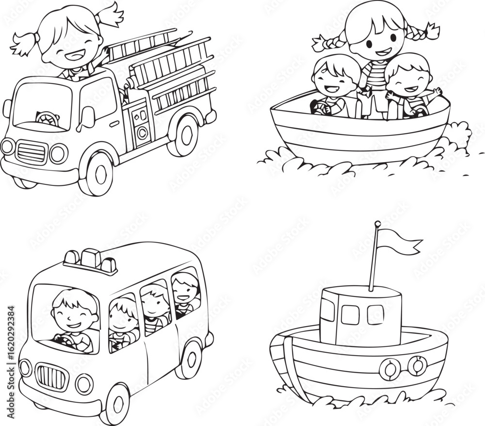 Naklejka premium Set of cute cartoon driving different vehicles like fire truck, school bus, and boat, illustrated in black and white,
