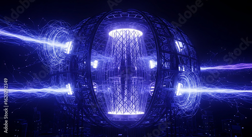 A futuristic spherical fusion reactor glows with intense blue energy, channeling plasma streams from multiple points into its core.