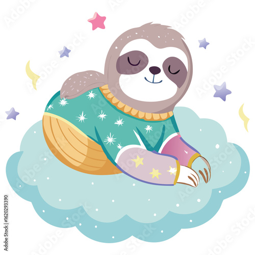 Dreamy Sloth Sleeping on a Cloud Surrounded by Stars and Moon