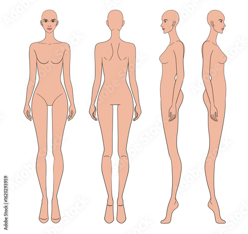 Colored fashion croquis figurines front side back view with tan skin bald woman in vector.