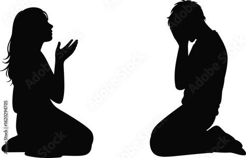 Kneeling couple silhouette, woman praying hands, man emotional distress, sorrow and faith scene, hope and sadness vector, prayer silhouette illustration, emotional posture art