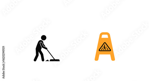 Construction worker cleaning floor with caution sign