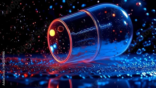 A dynamic liquid mirror capsule reflecting phantom pulses bursts forth, releasing a kaleidoscope of crimson and cobalt bursts that explode outwards, encased in a backdrop of shimmering