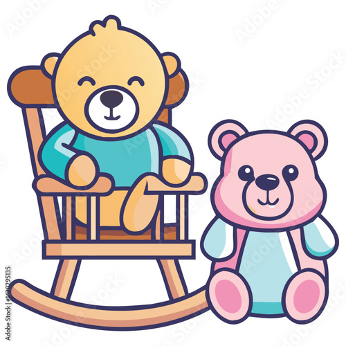 Two cute teddy bears, one sitting in a rocking chair illustration