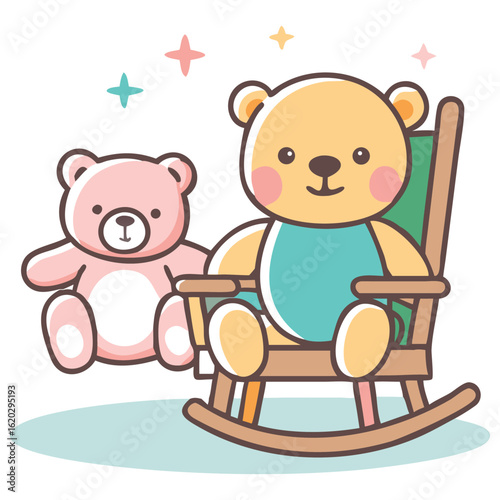 Two teddy bears, one seated in a rocking chair, in a cute illustration